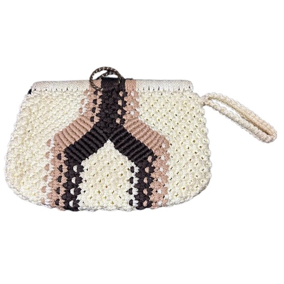 1960s Tan Brown Stripe Macrame Woven Wristlet Clutch Purse * - Picture 1 of 4